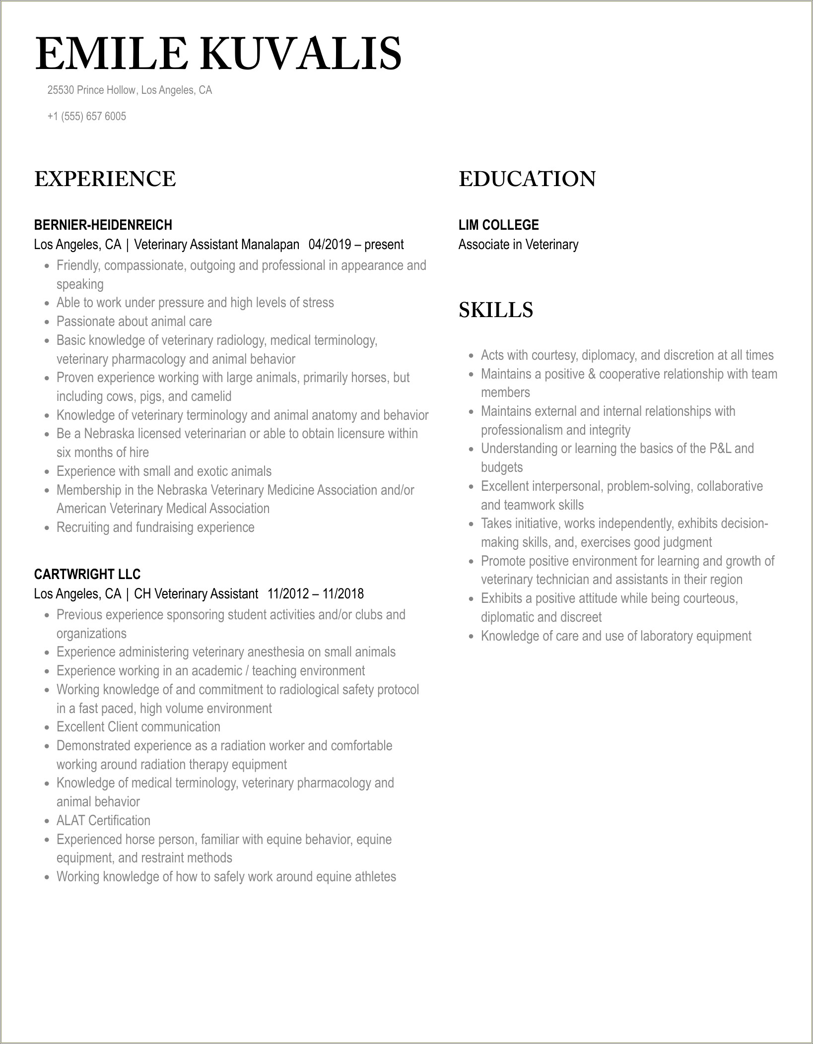 Resume For Kennel Technician First Time Job