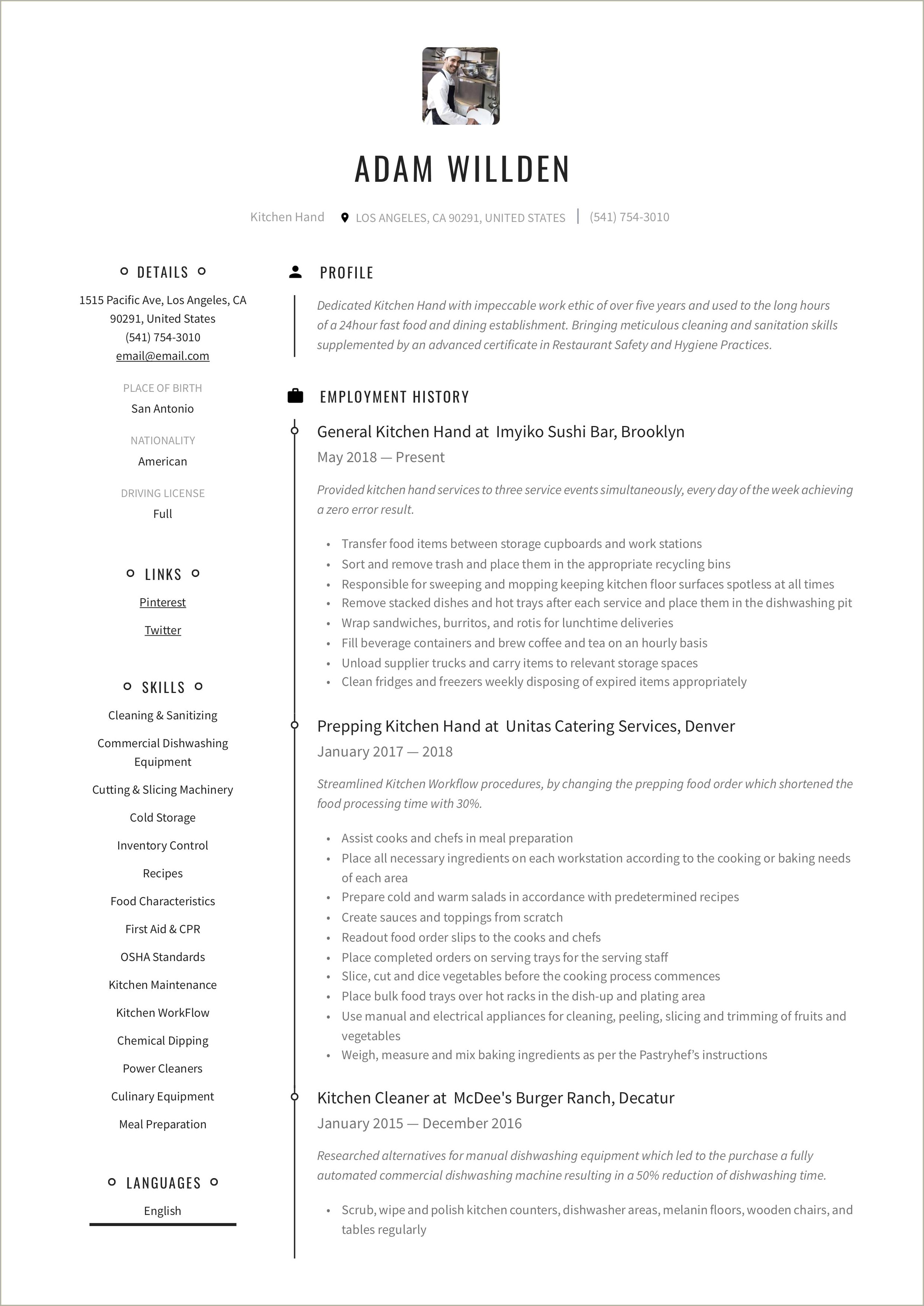 Resume For Kitchen Hand With No Experience