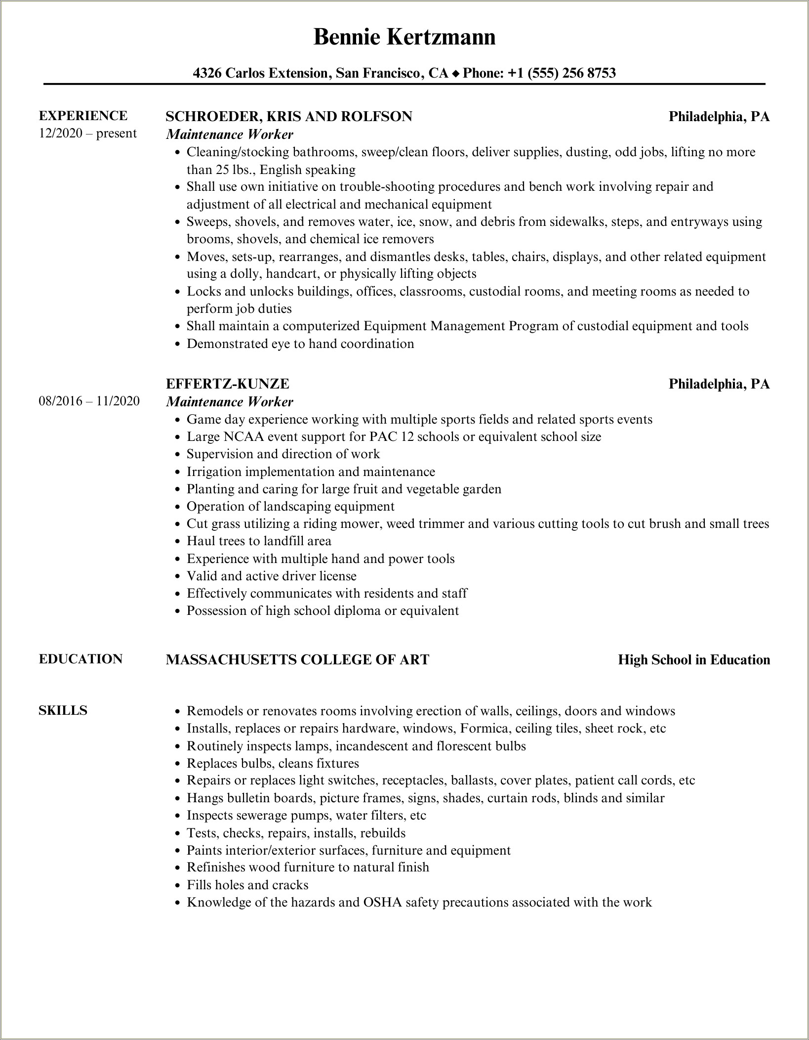 Resume For Maintenance With No Experience