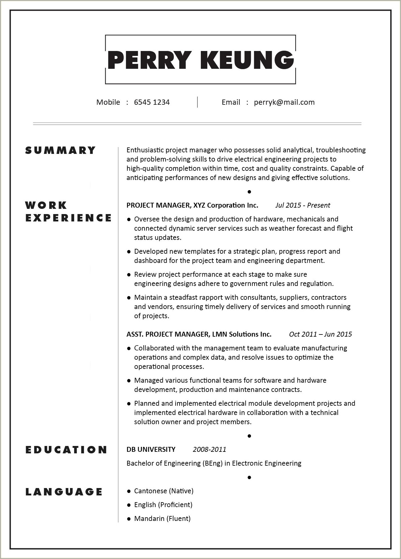 Resume For Management Of Maintenance Department