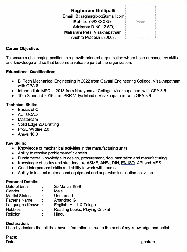 Resume For Mechanical Engineer Job In Usa
