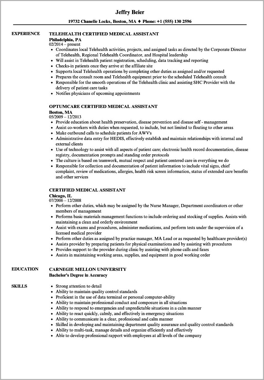 Resume For Medical Assistant Working At Steroid Injection