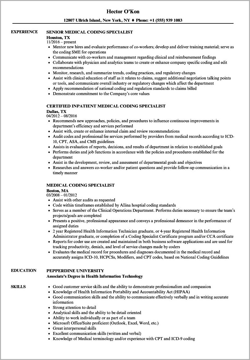 Resume For Medical Coder With No Experience