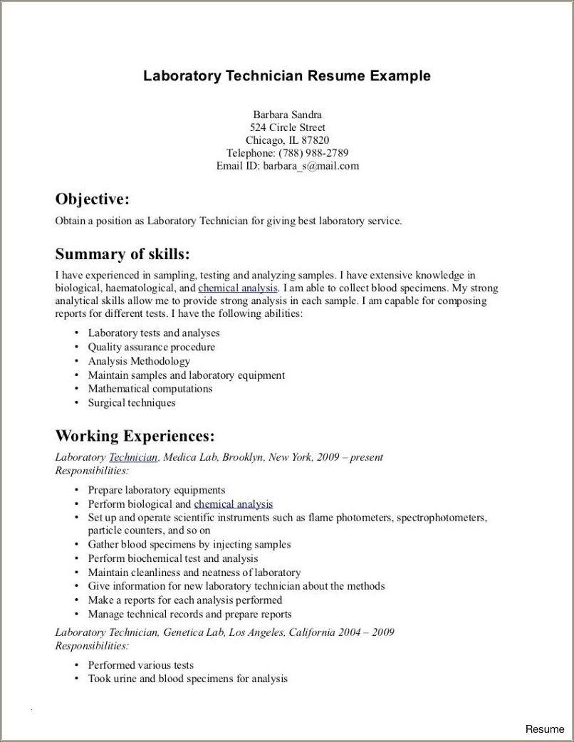 Resume For Medical Technologist With Experience