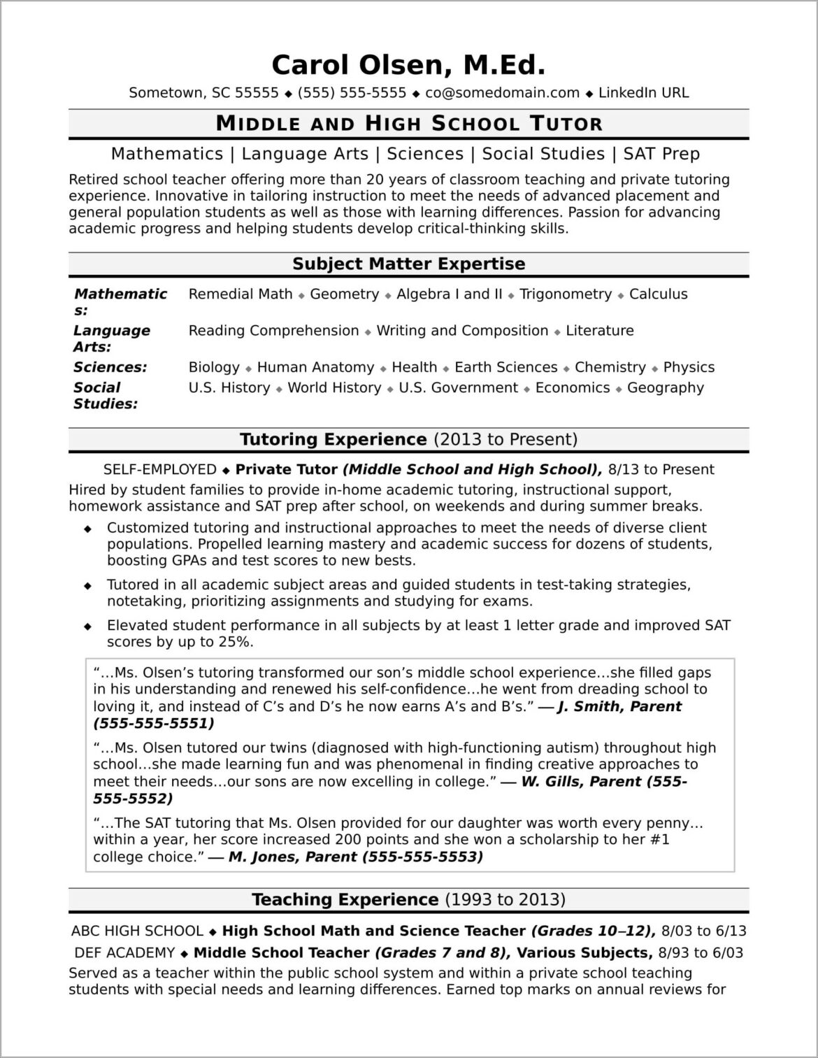 Resume For Middle School Math Teaxher