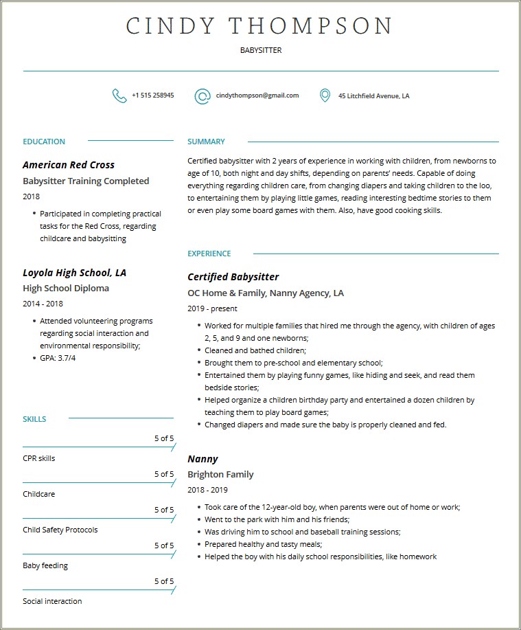 Resume For Nanny For New Borns Example
