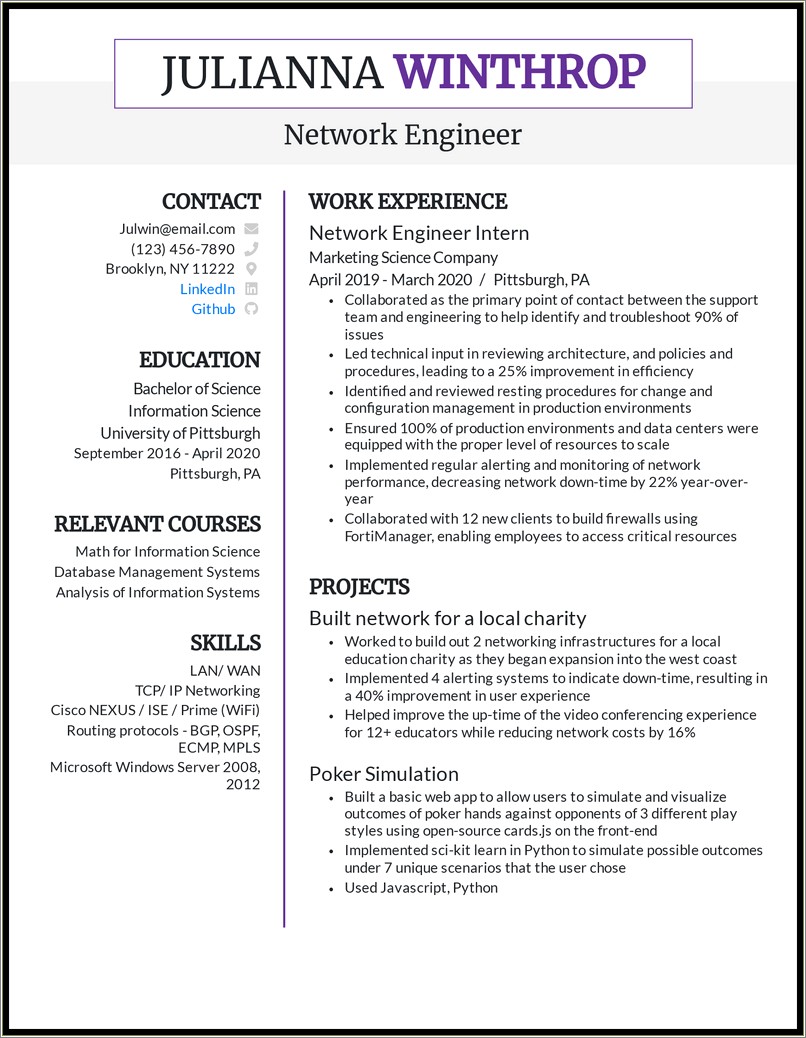 Resume For Network Engineer With One Year Experience