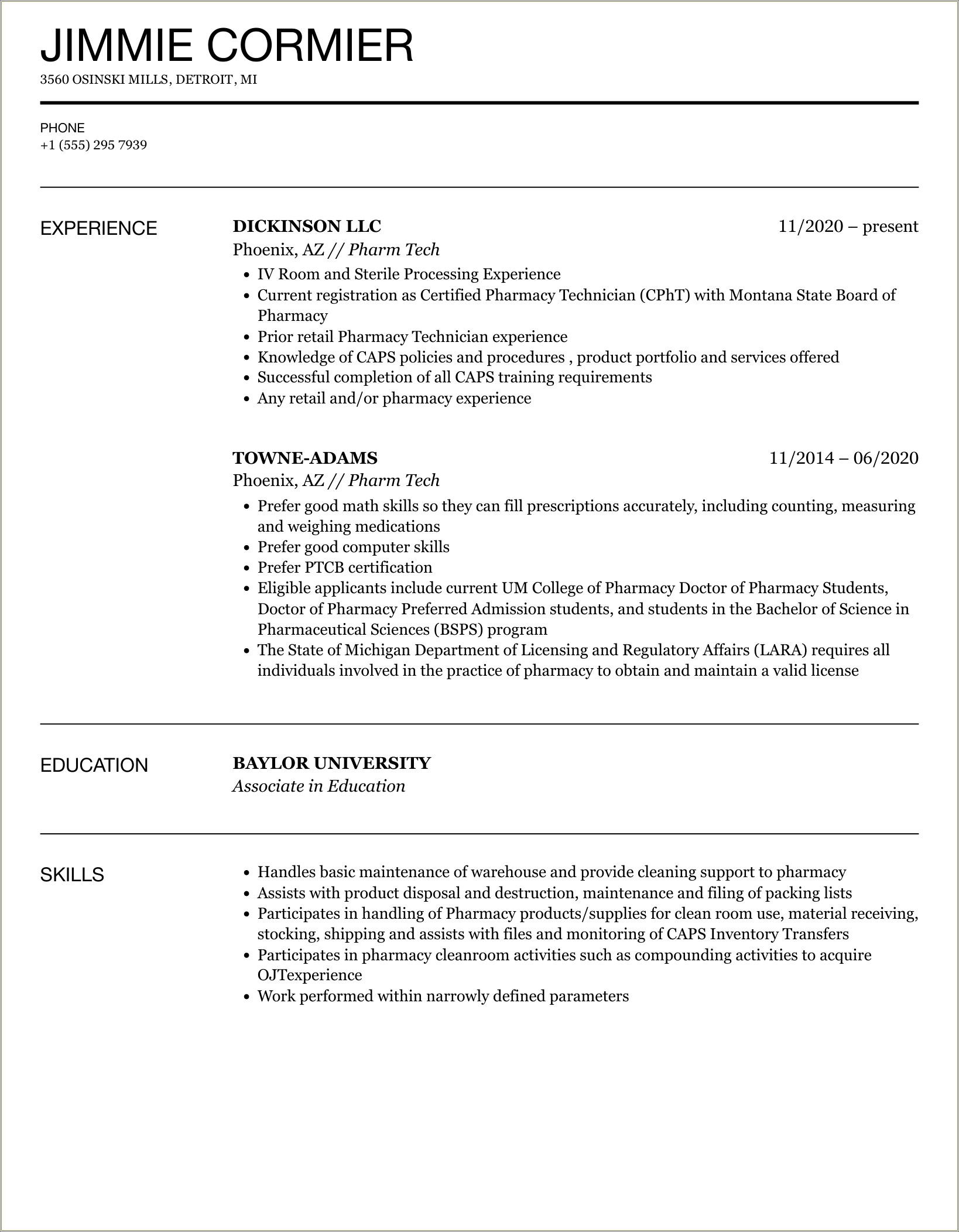 Resume For Non Experience Pharapmacy Tech