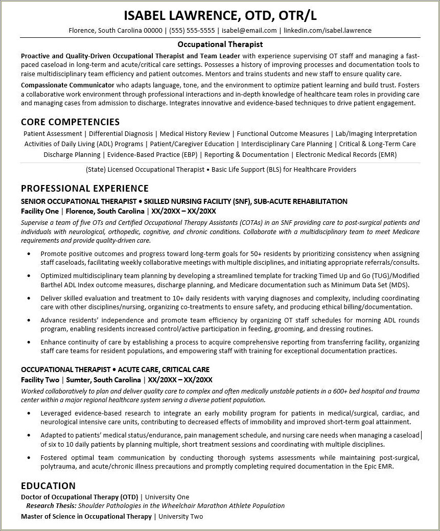 Resume For Occupational Therapy Student Objective Examples