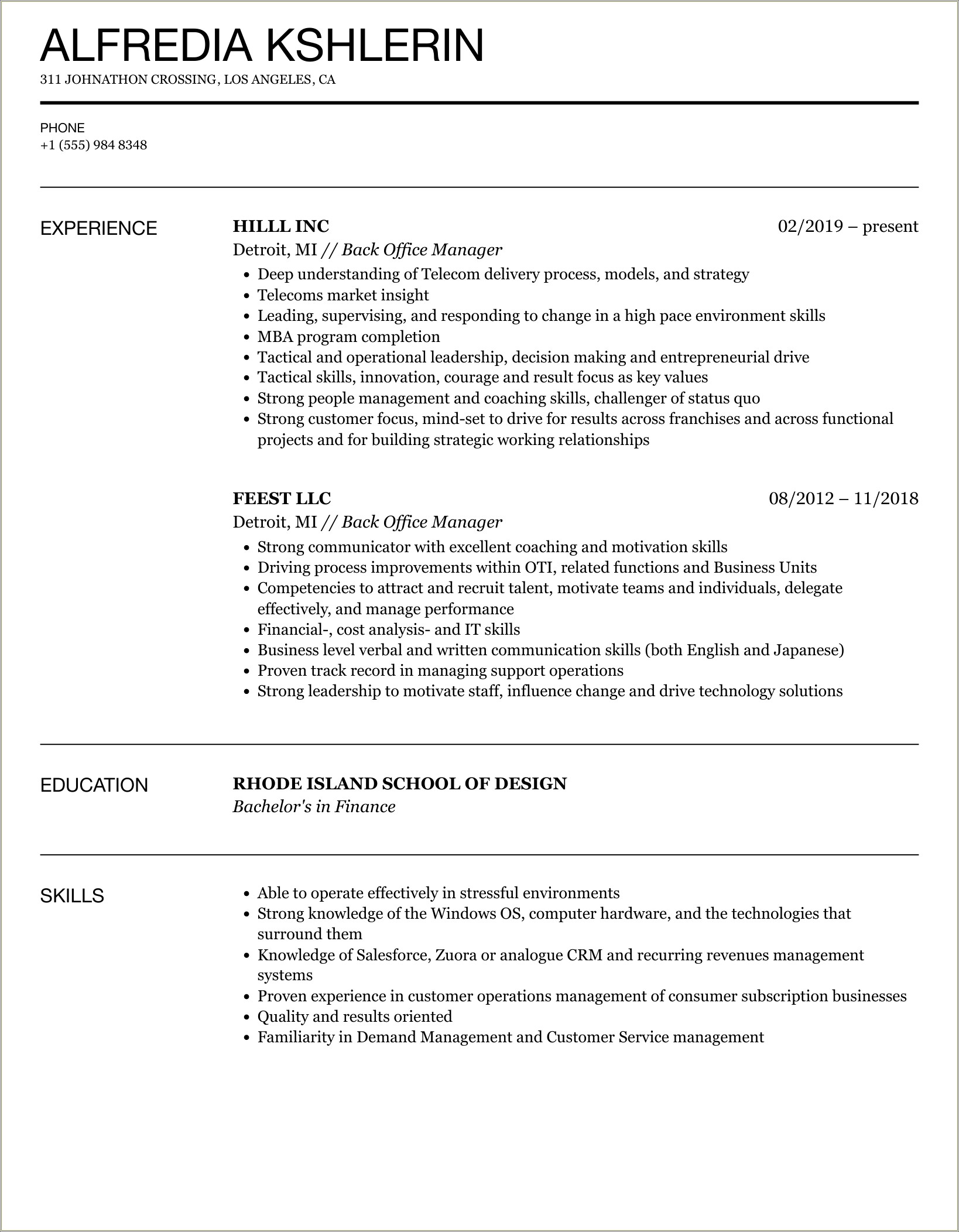 Resume For Office Manager Of Reposession