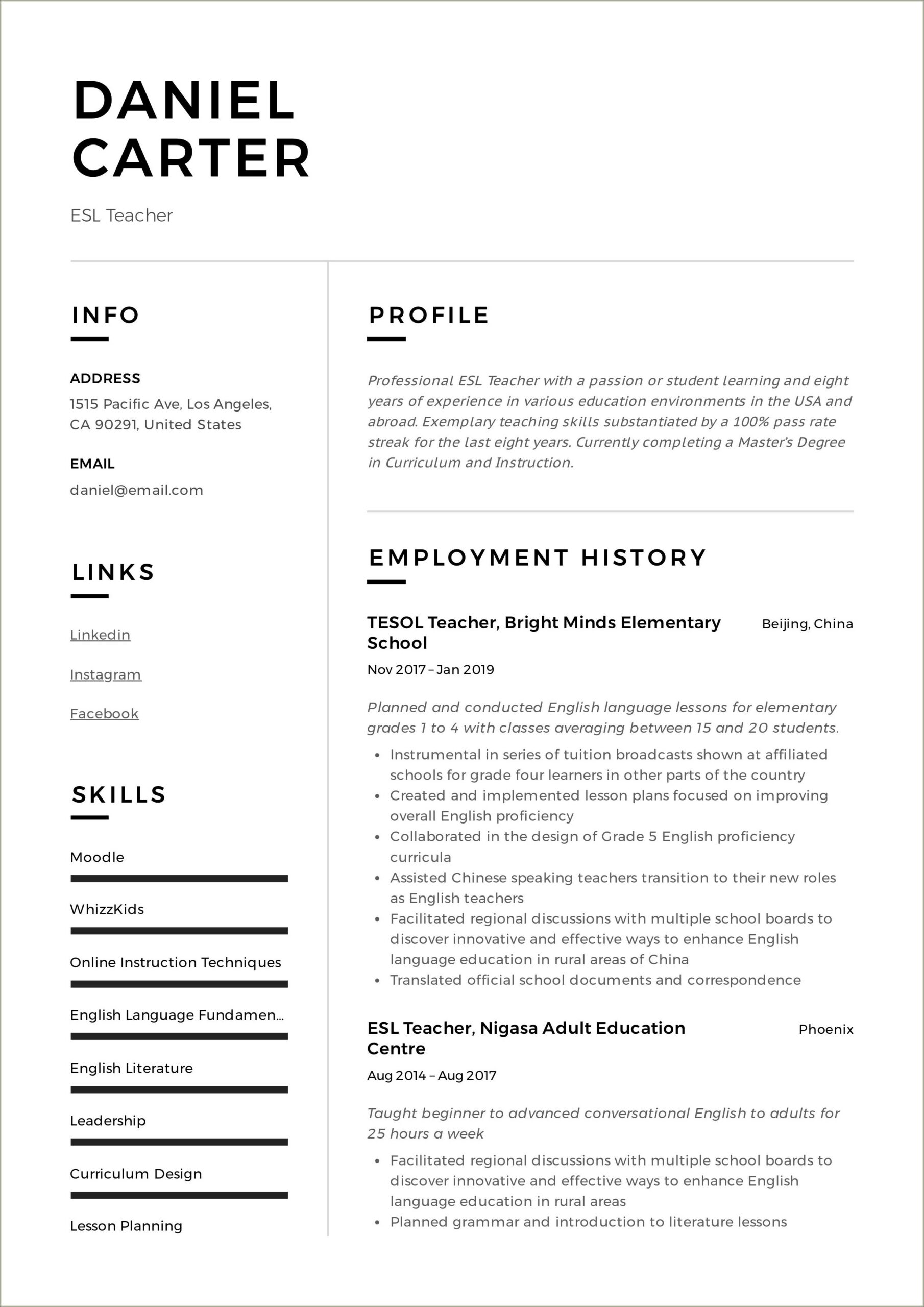 Resume For Online Teaching Without Experience
