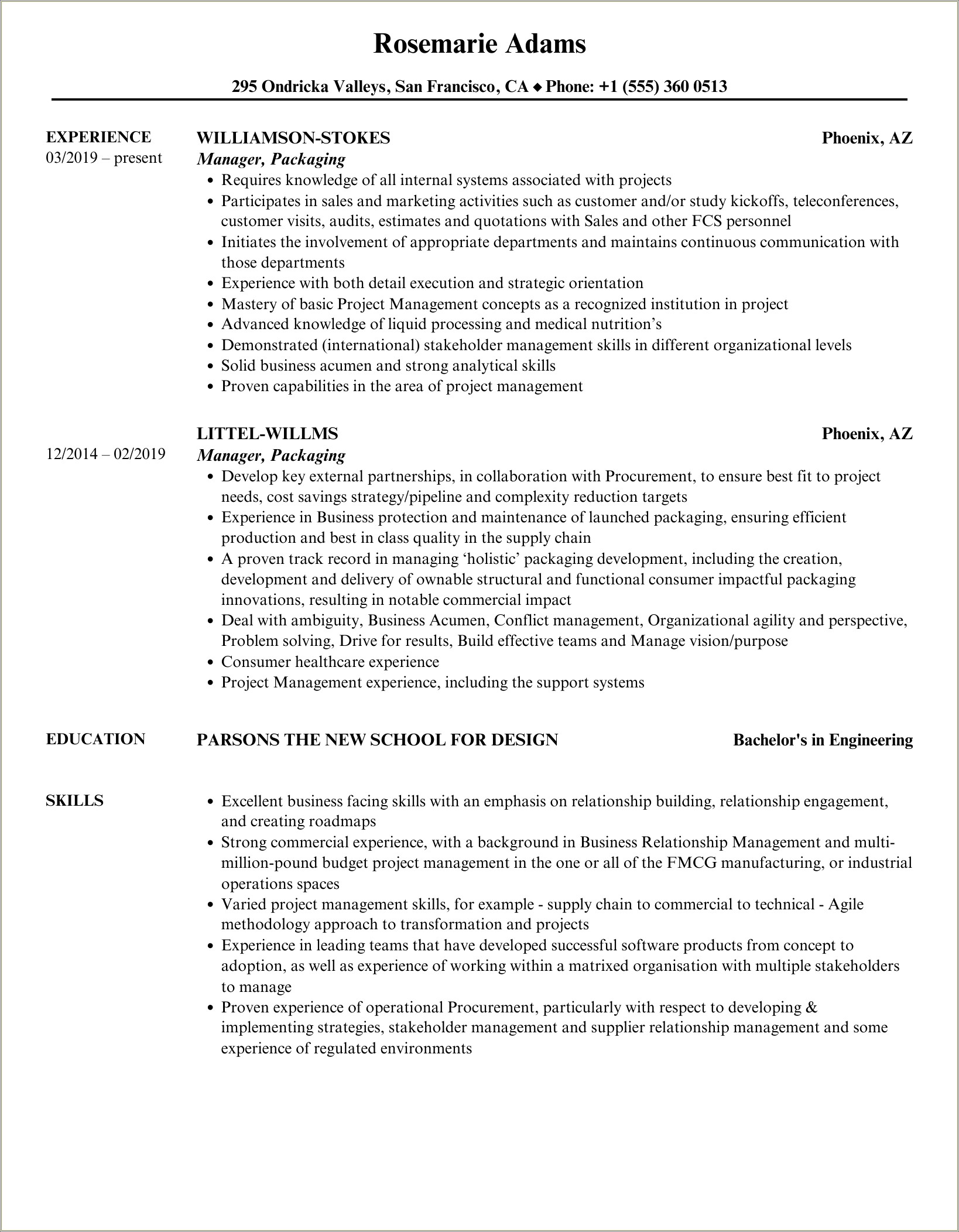 Resume For Packaging Manager In Pharma Company