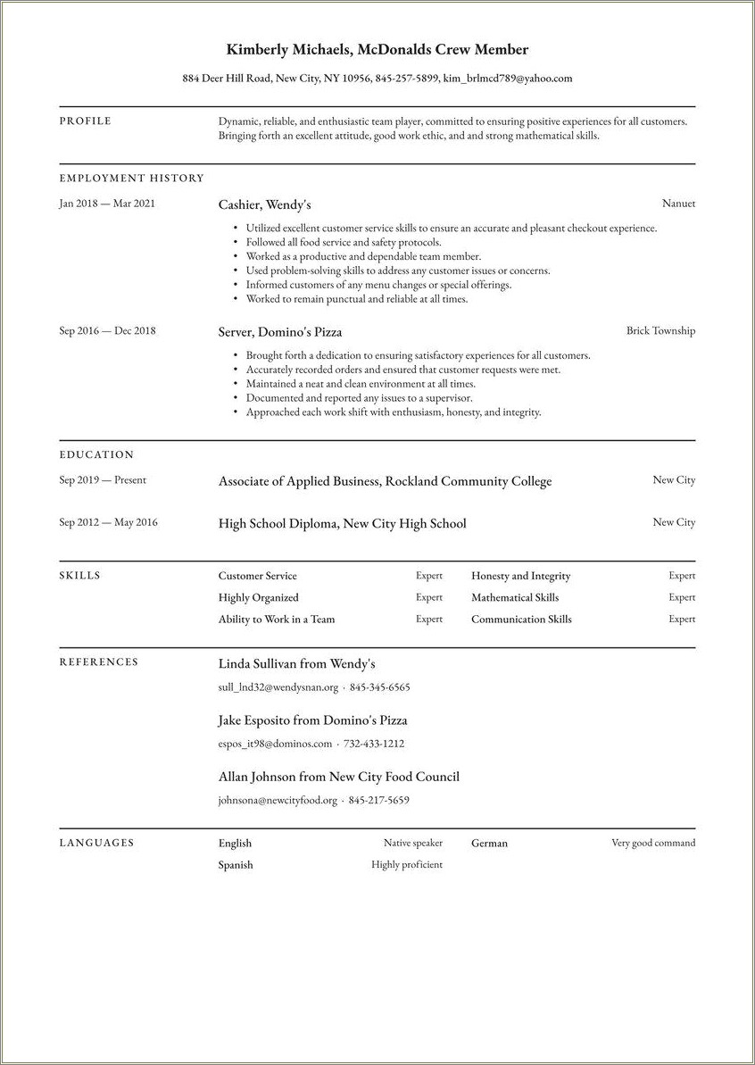 Resume For Part Time Job In Mcdonalds