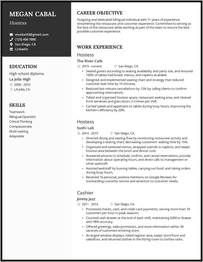 Resume For Part Time Job In Restaurant