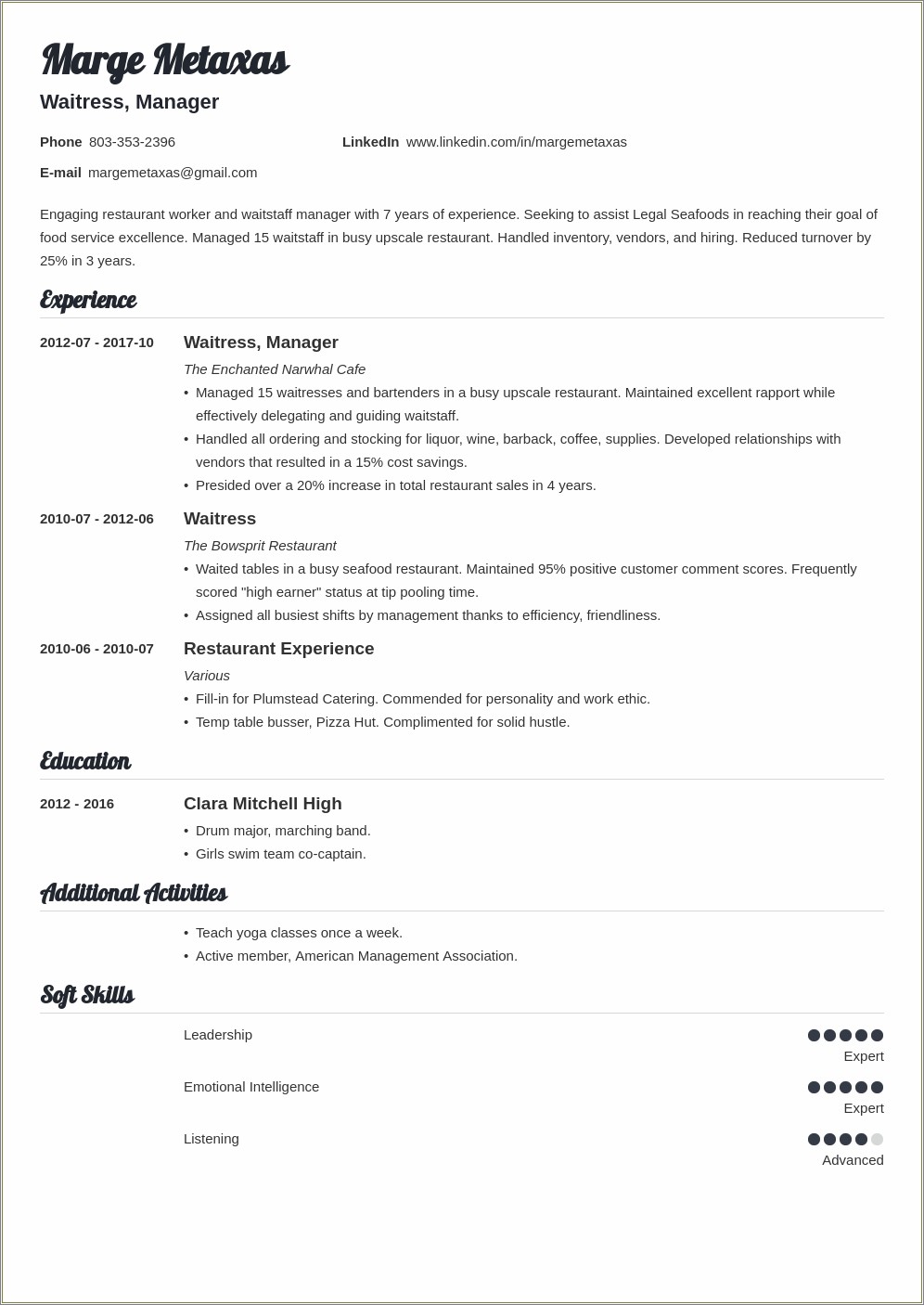 Resume For Part Time Jobs Dining Experience