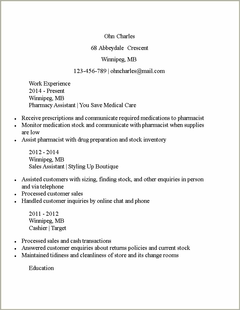 Resume For Pharmacy Assistant No Experience