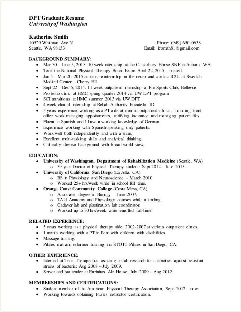 Resume For Physical Therapy Graduate School