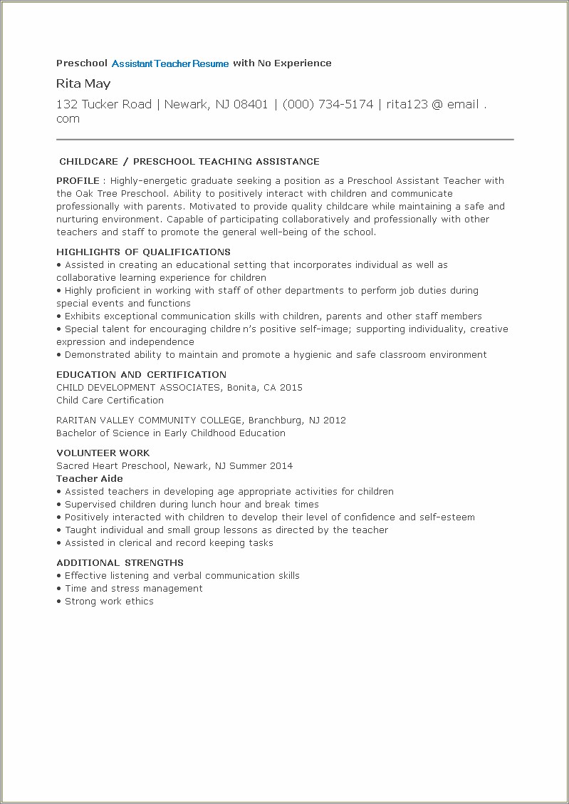 Resume For Preschool Teachers With No Experience