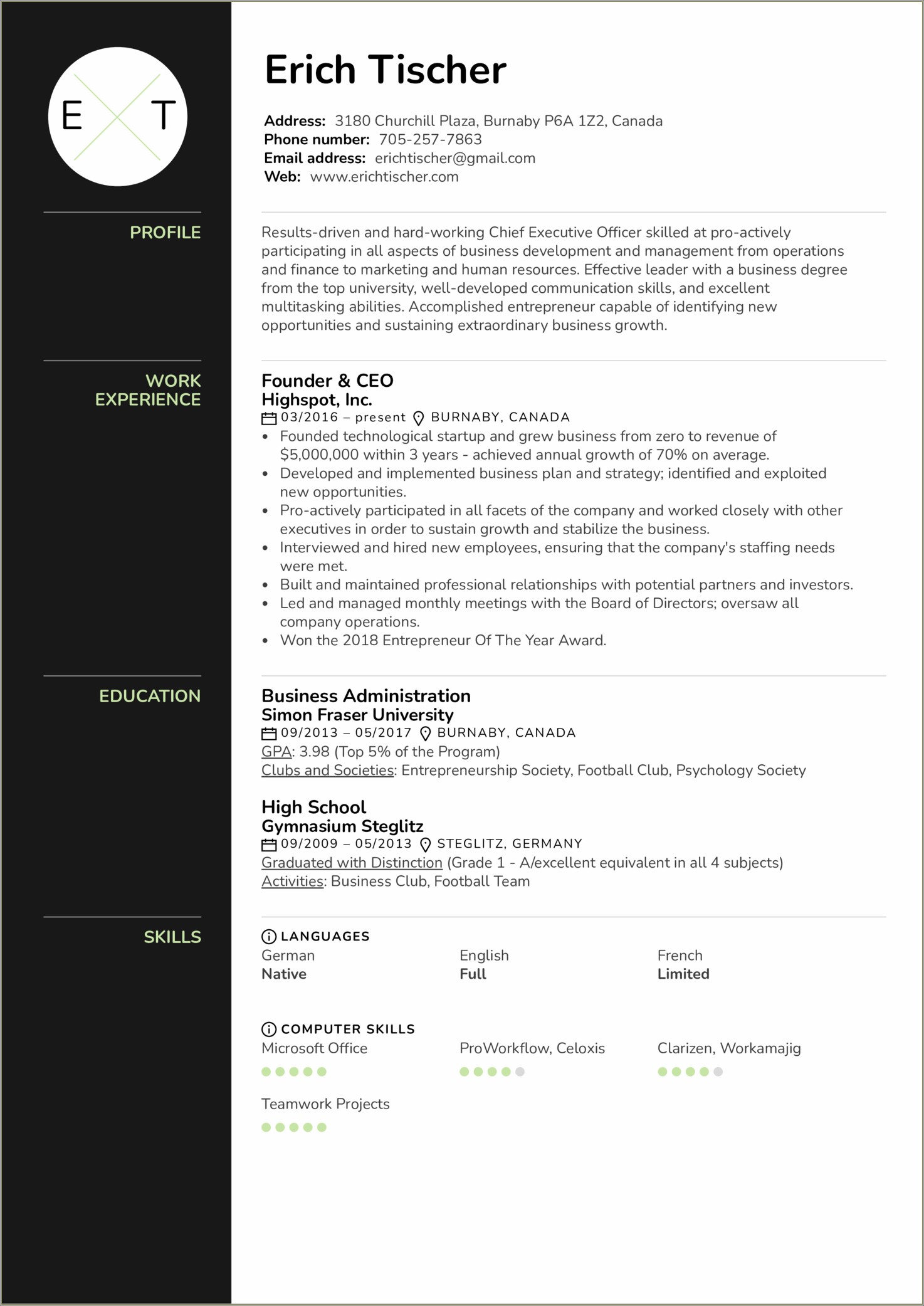 Resume For President Of Company Example