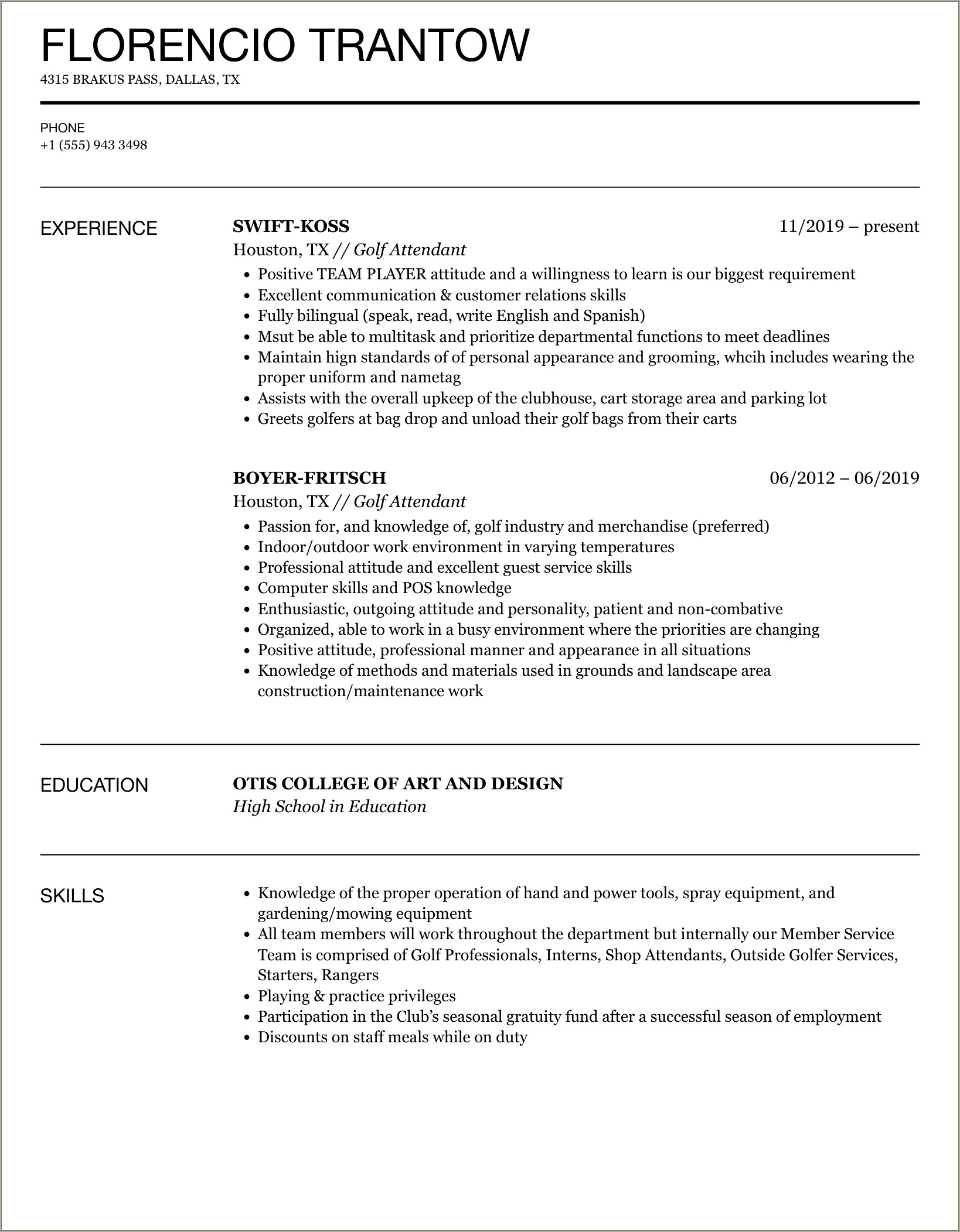 Resume For Private Golf Club Dining Manager