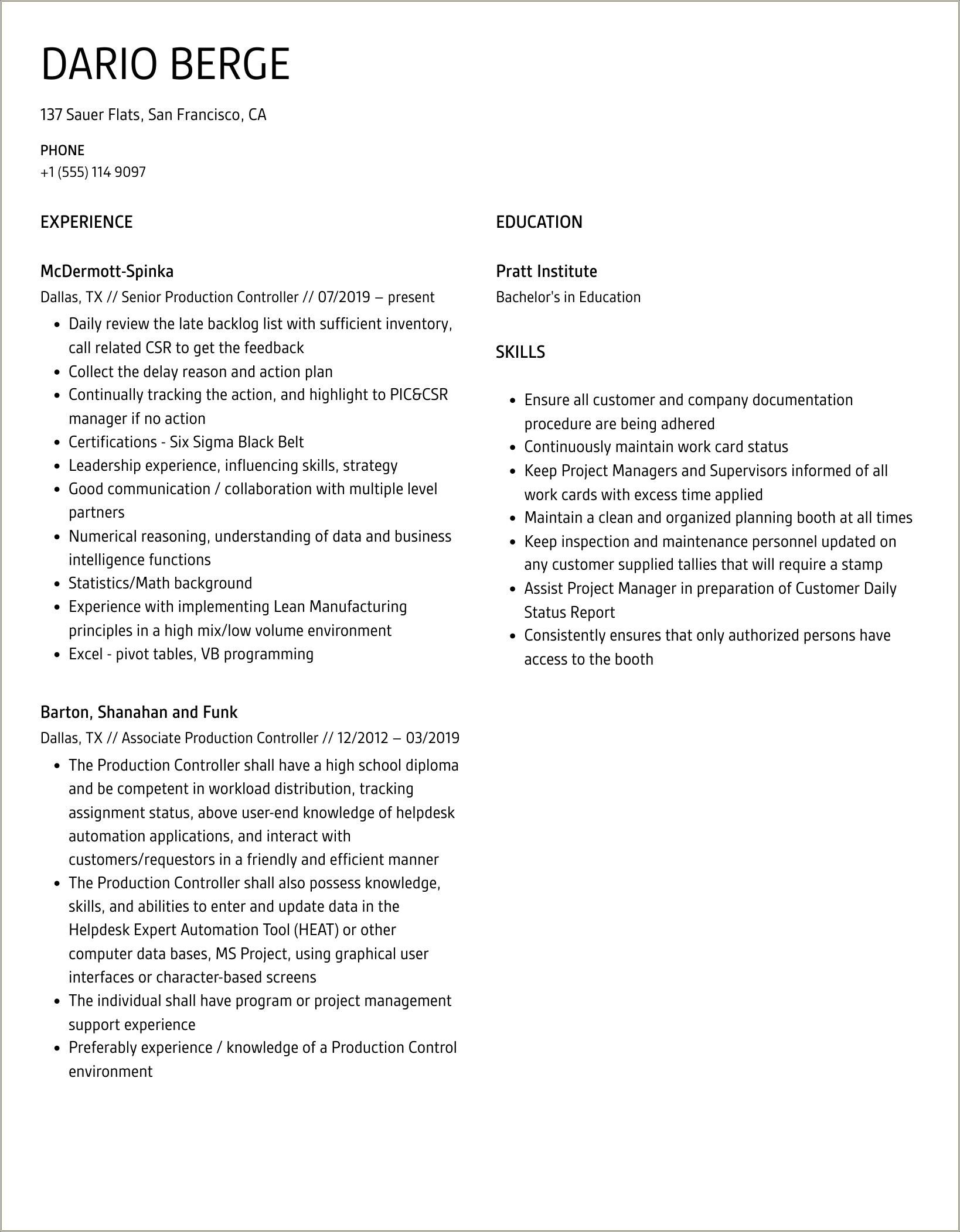 Resume For Production Control With Objective