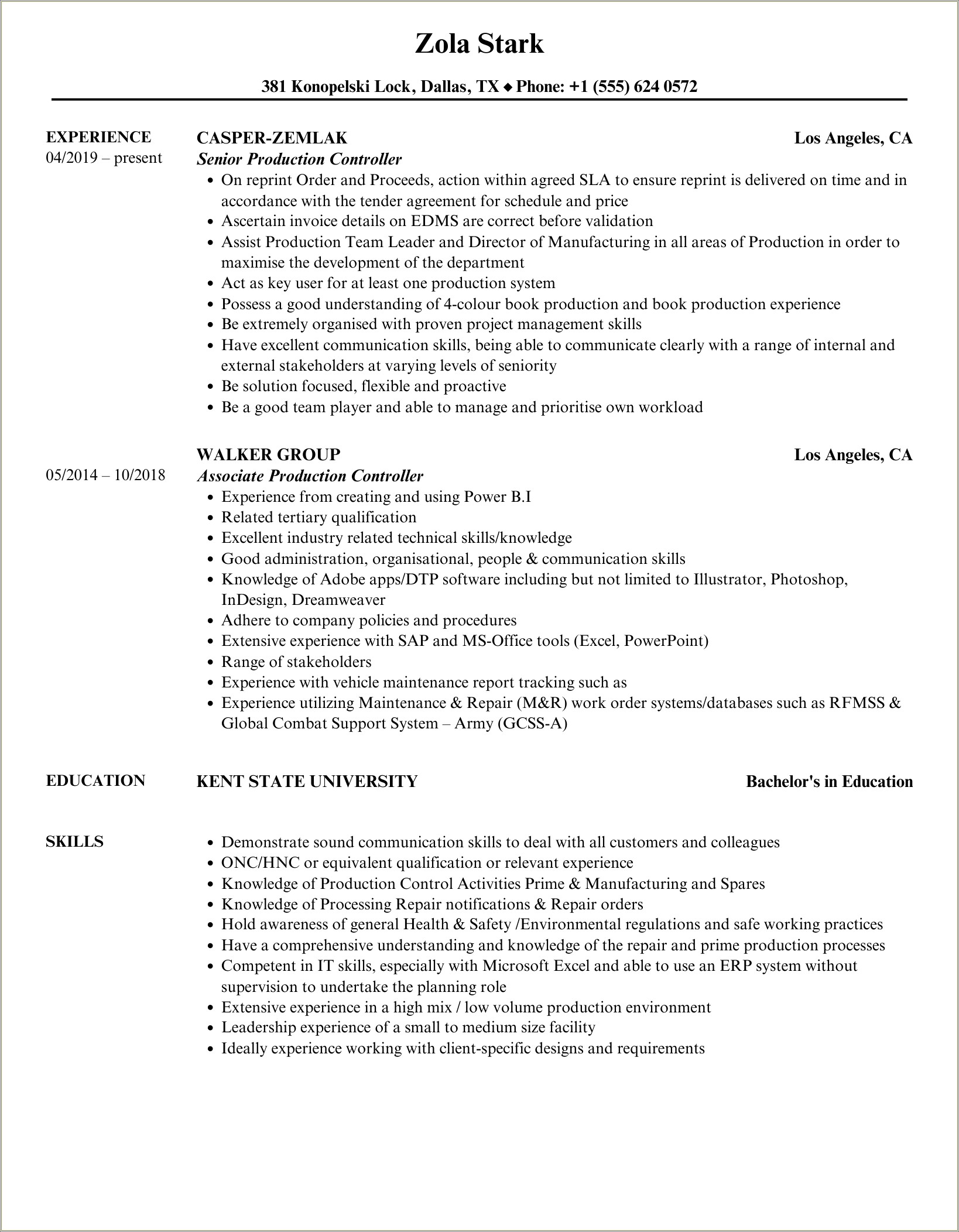 Resume For Production Controller Job Description Army