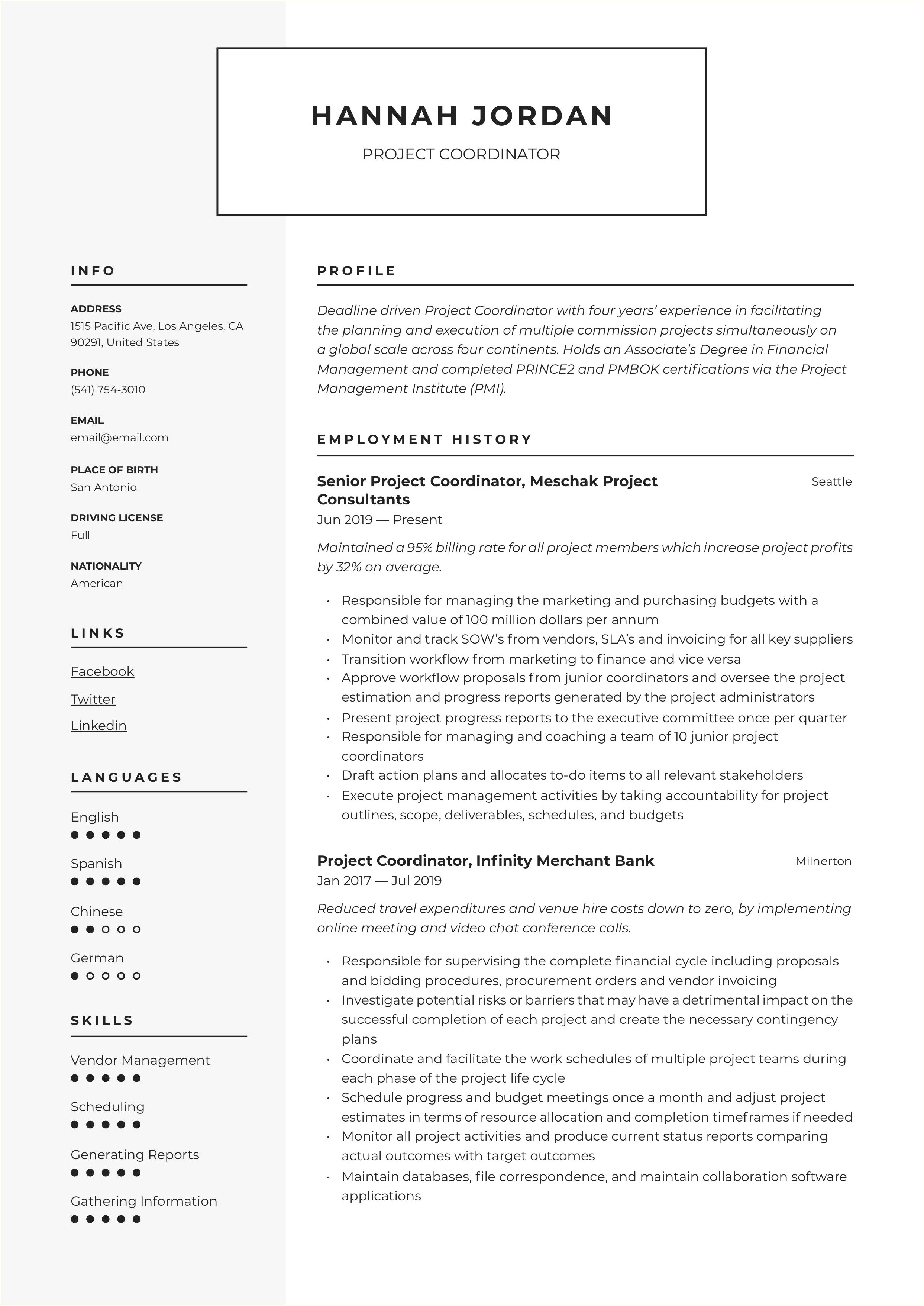 Resume For Project Manager Position Pharma