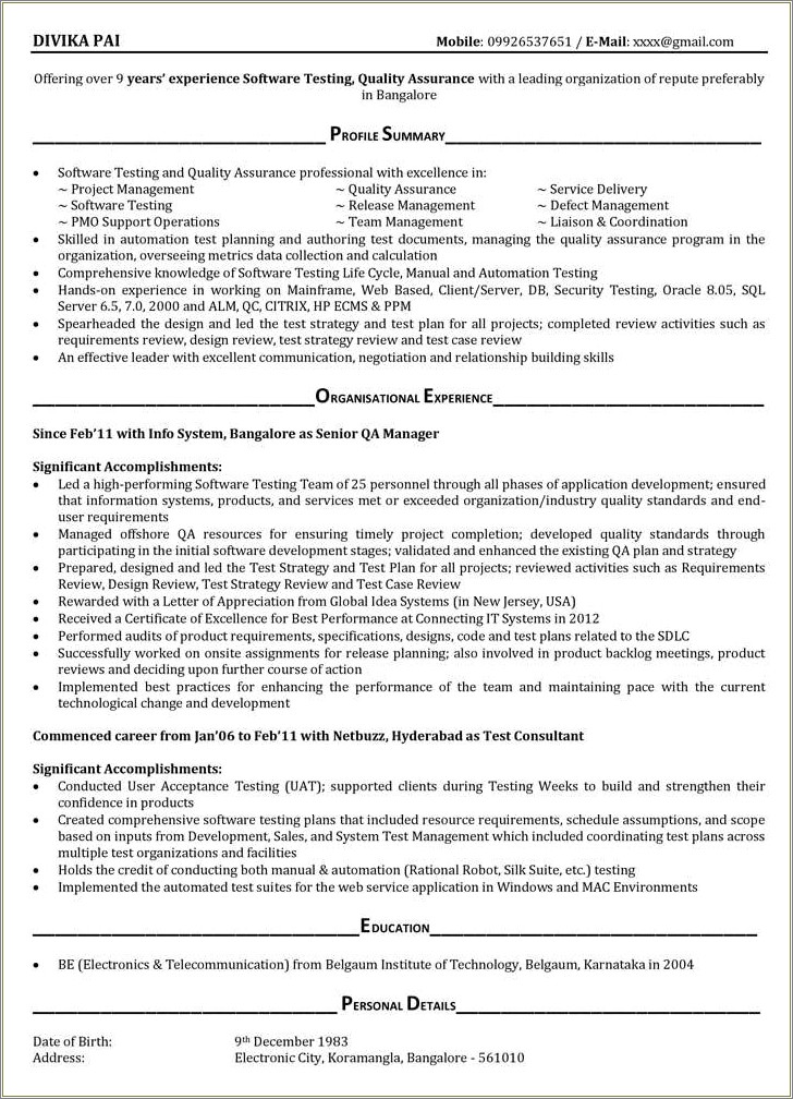 Resume For Qa 2 Years Experience