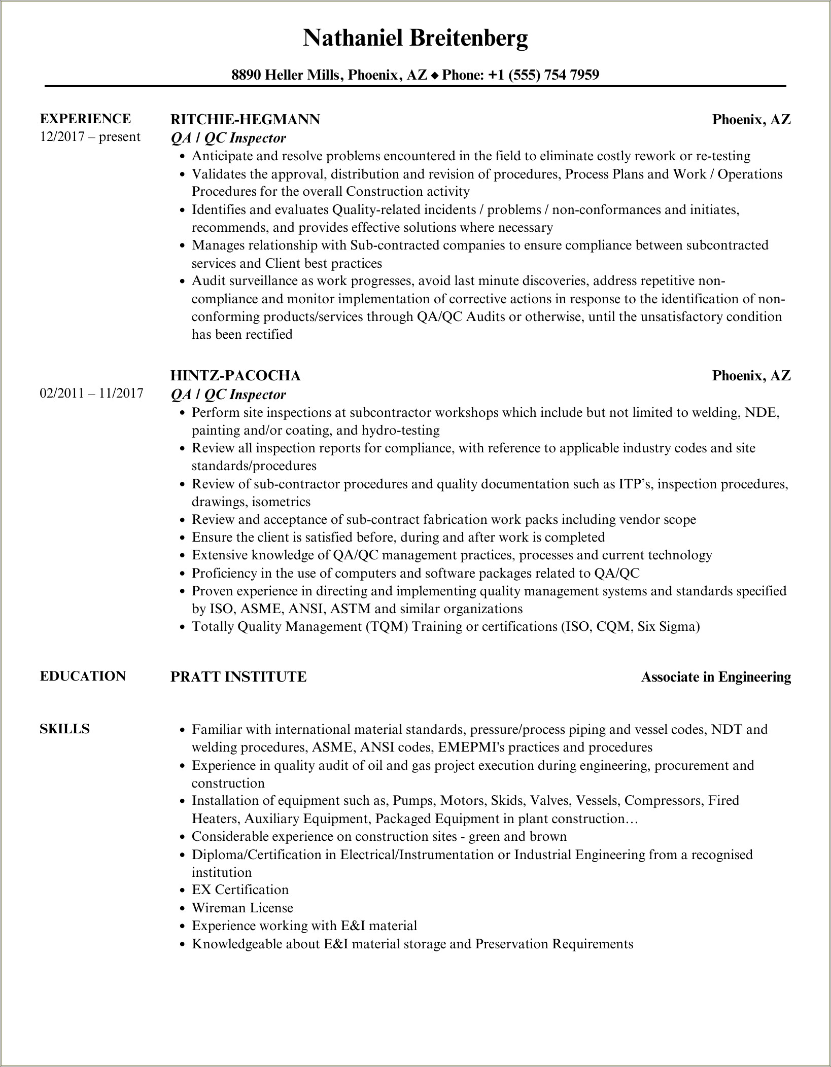 Resume For Qa Qc Inspector Gulf Experience