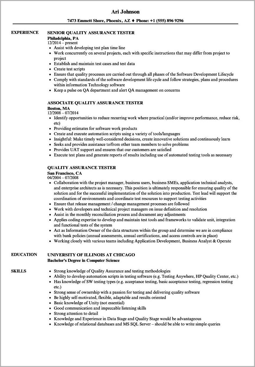 Resume For Qa Tester With No Experience