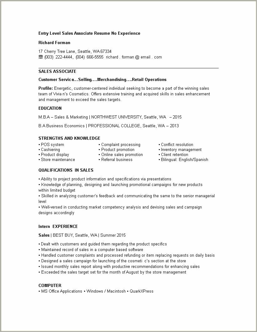 Resume For Sales Associate With Little Experience