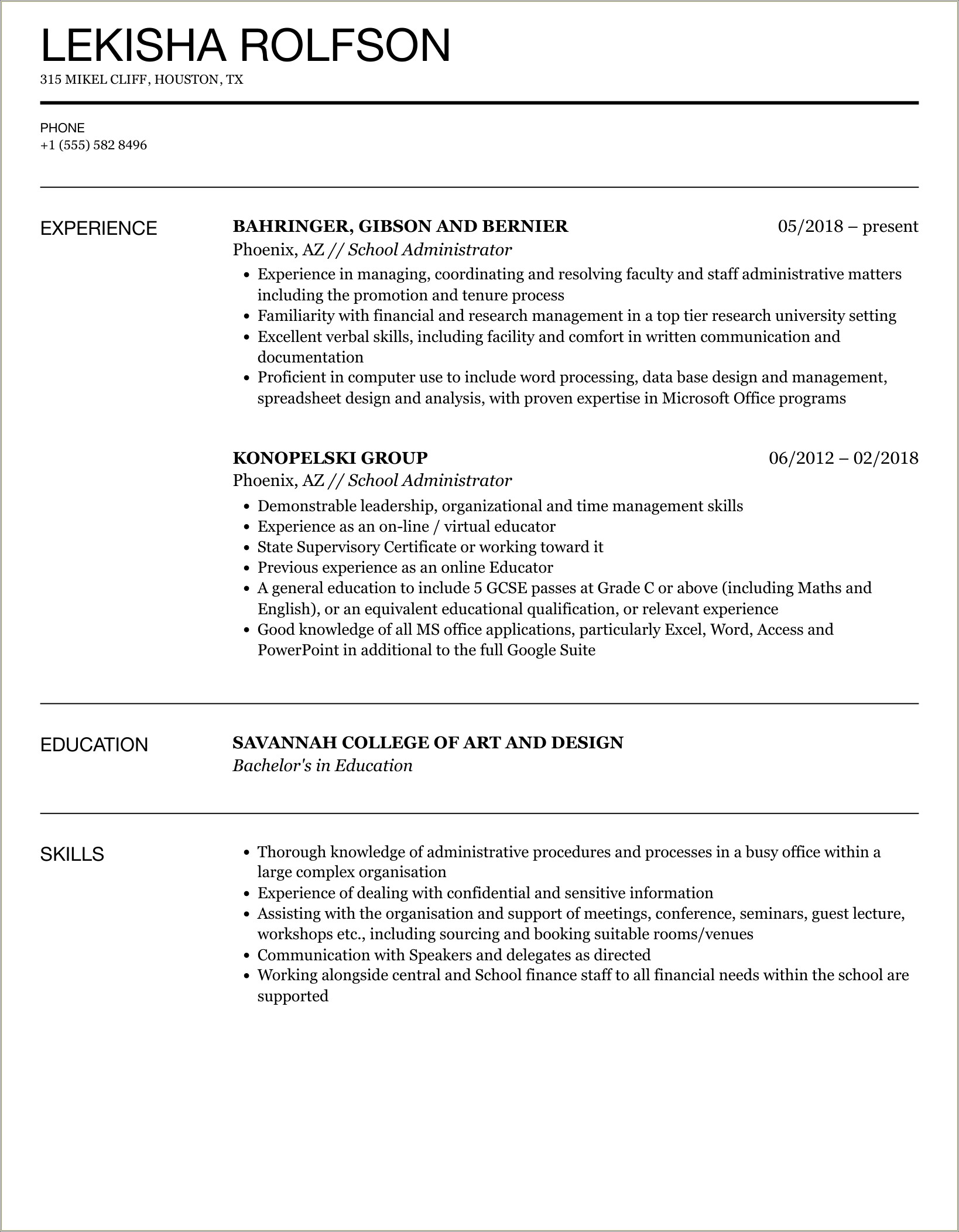 Resume For School Adminstration Position Application