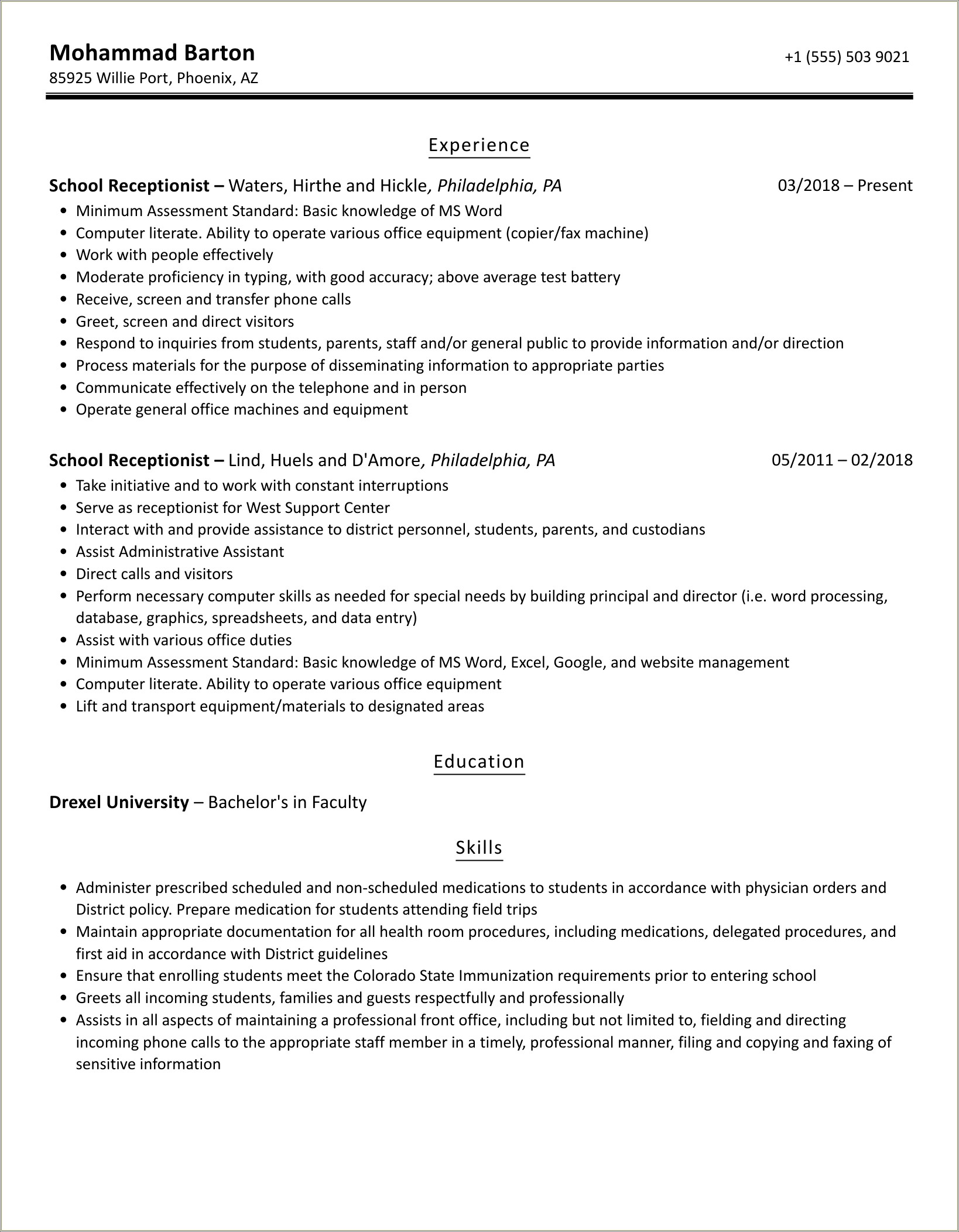 Resume For School Receptionist With No Experience