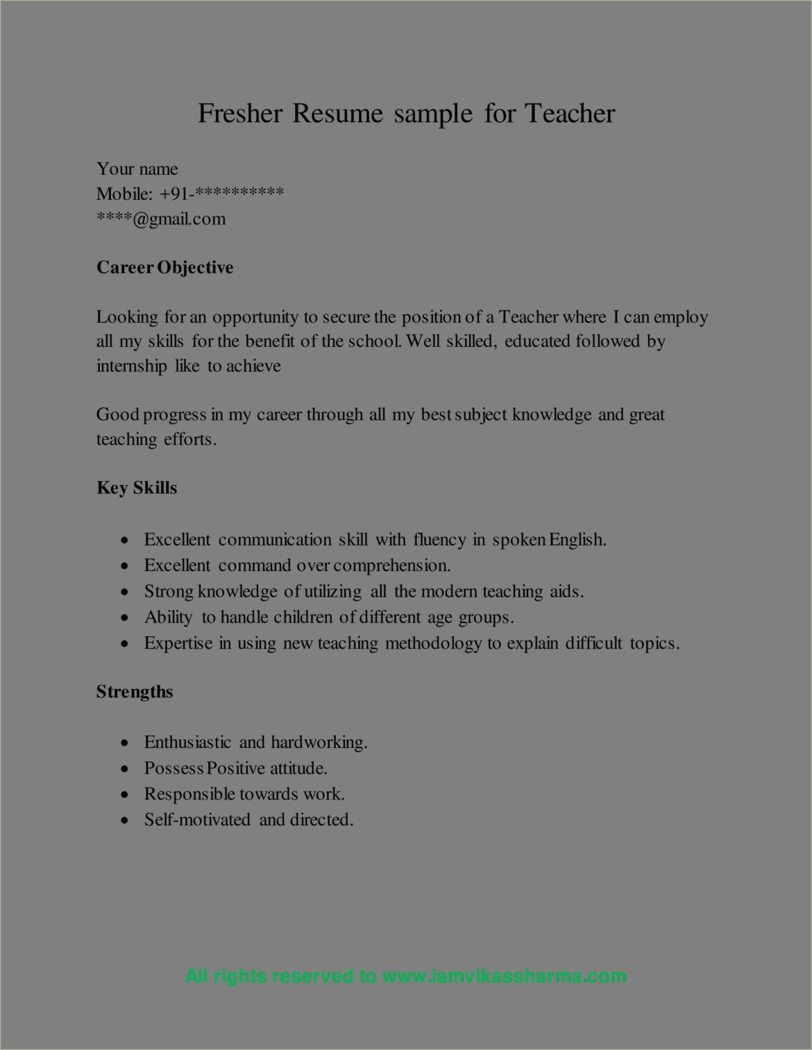 Resume For School Teacher Job Fresher