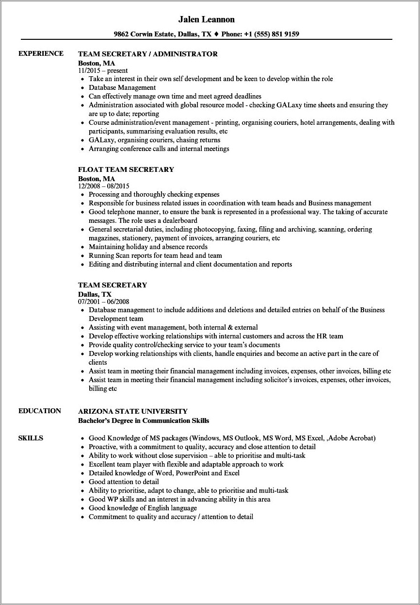 Resume For Secretary Of State Job