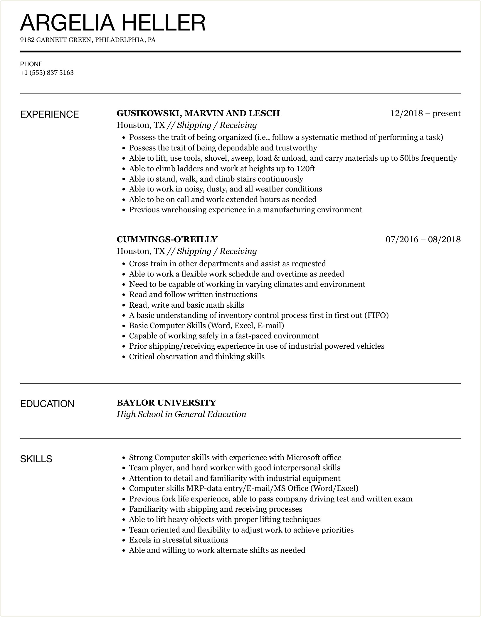 Resume For Shipping And Receiving Worker