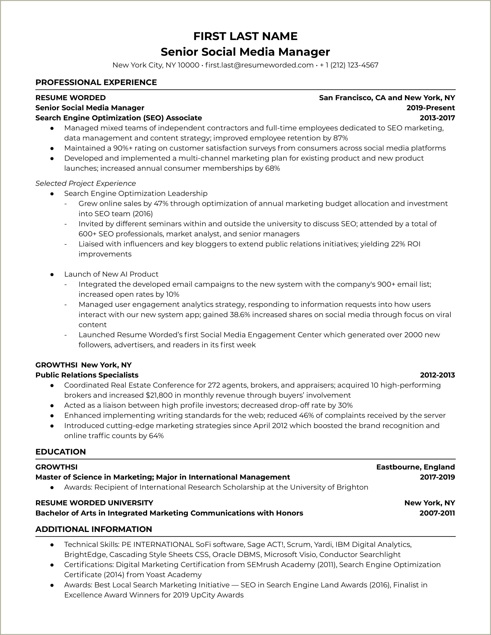 Resume For Social Media Ewntry Level Job