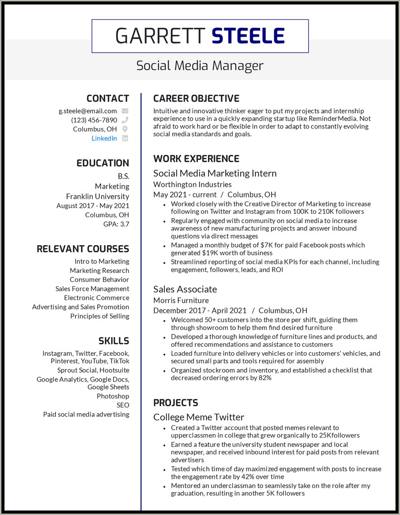 Resume For Social Media Internship With No Experience