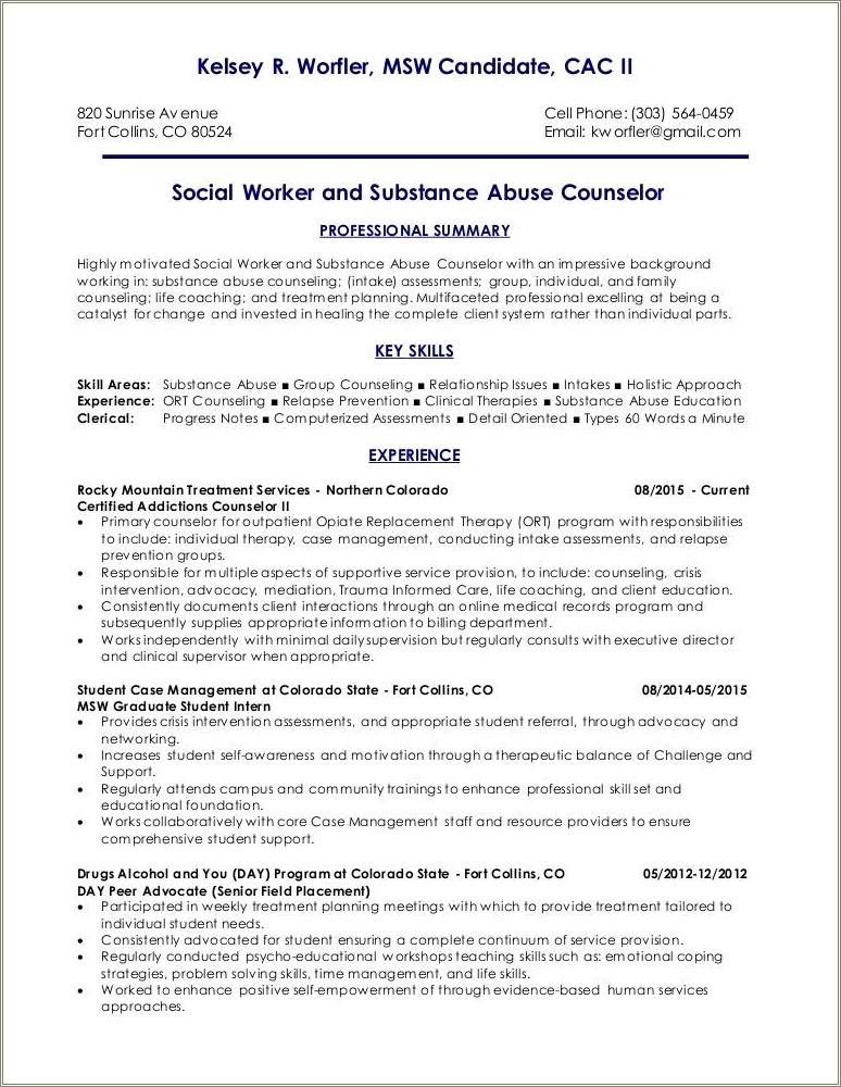 Resume For Socual Worker Chemical Dependency