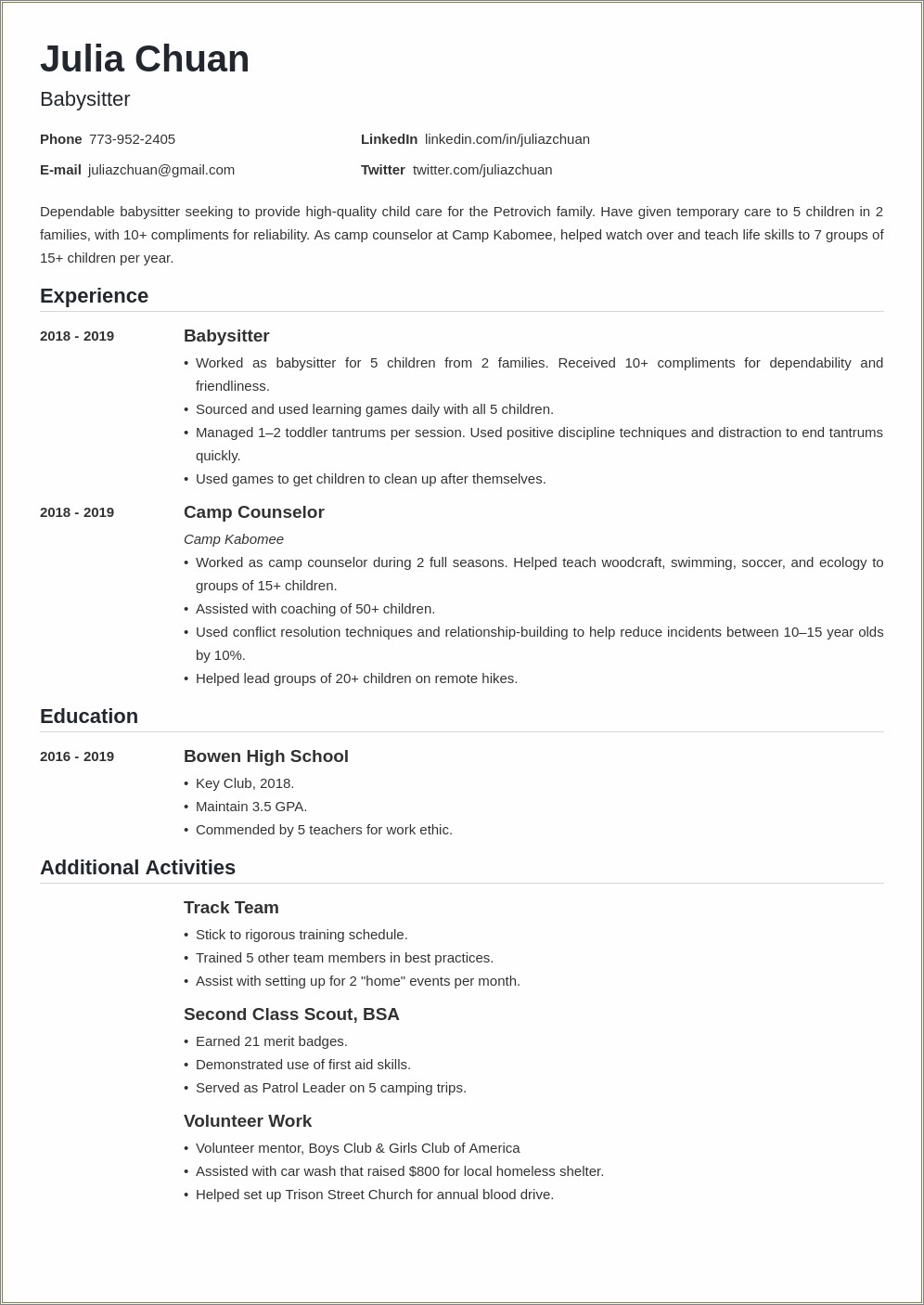 Resume For Someone Who Works With Kids