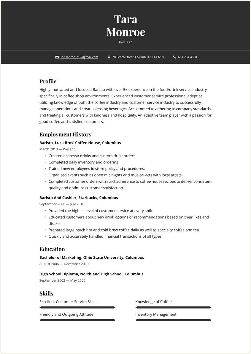 Resume For Starbucks Barista For High School