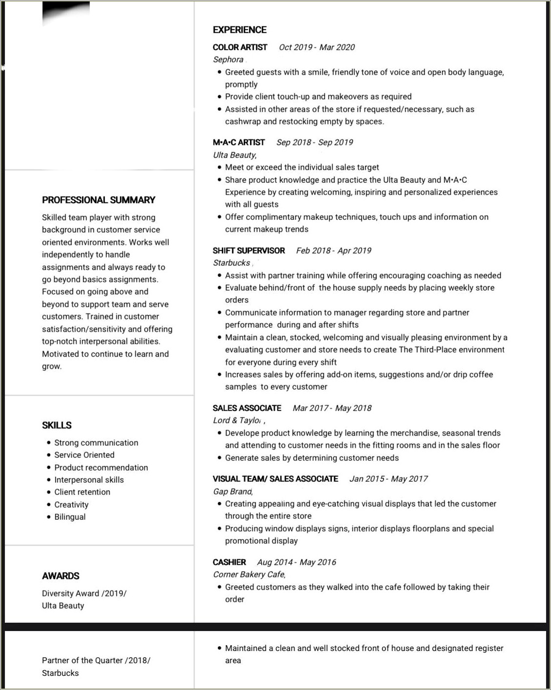 Resume For Starbucks Barista No Experience