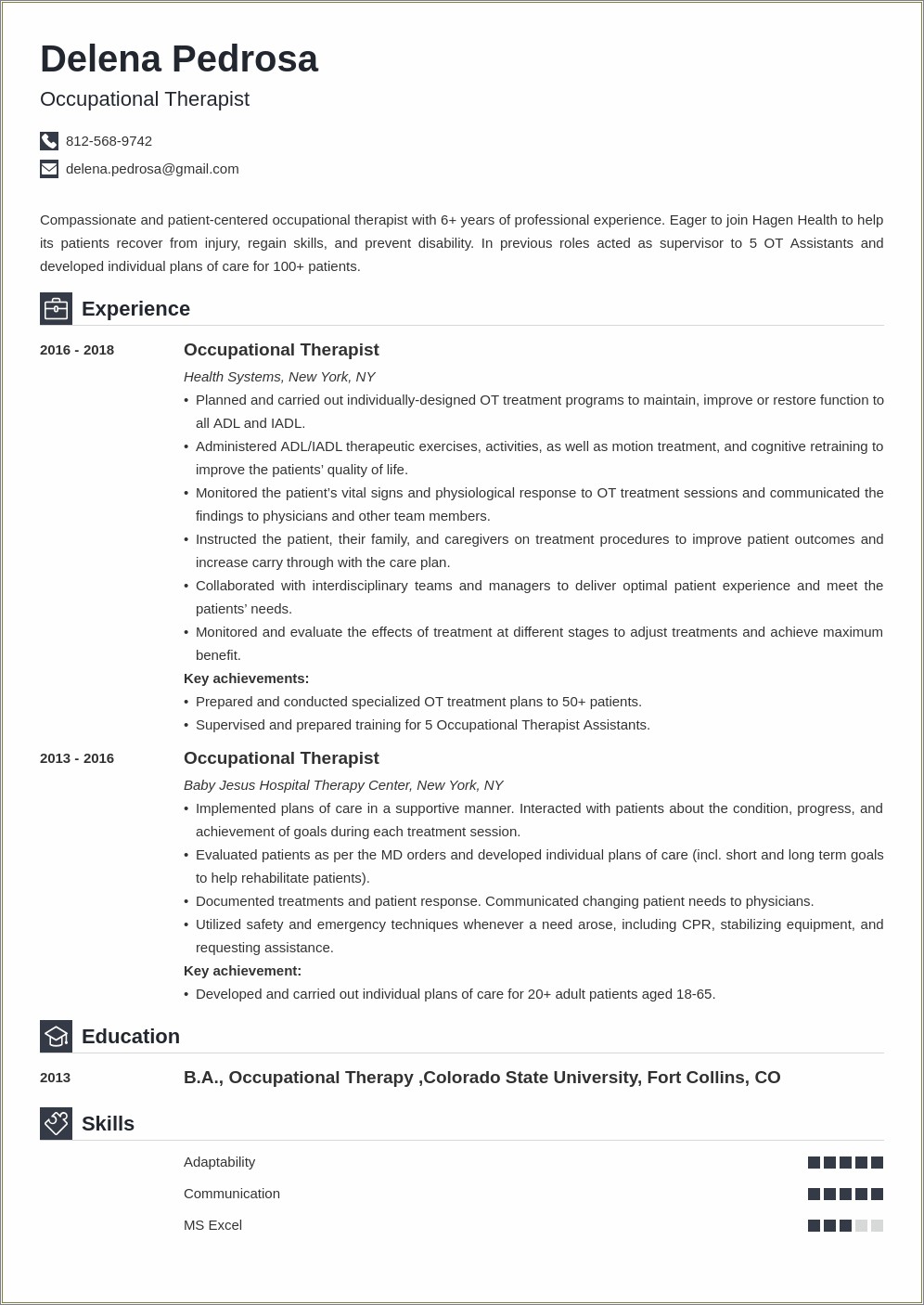 Resume For Stuent Applying To Occupational Therapy School