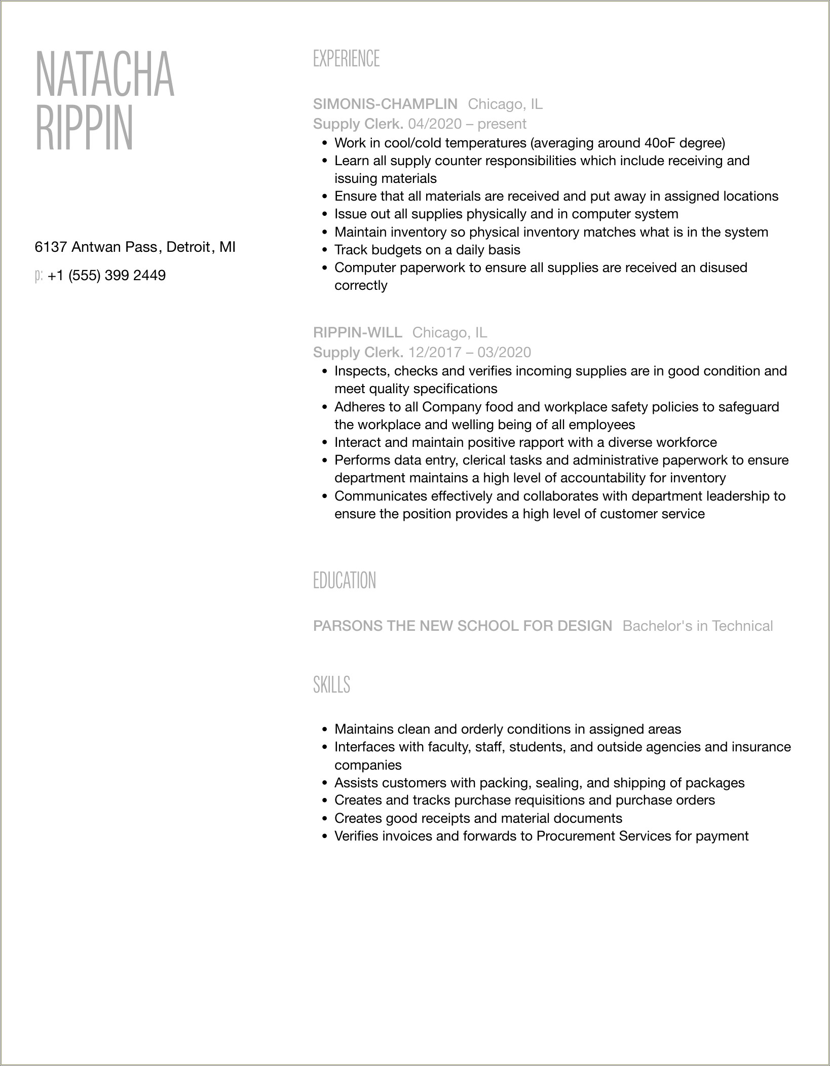 Resume For Supply Clerk Job Description Army