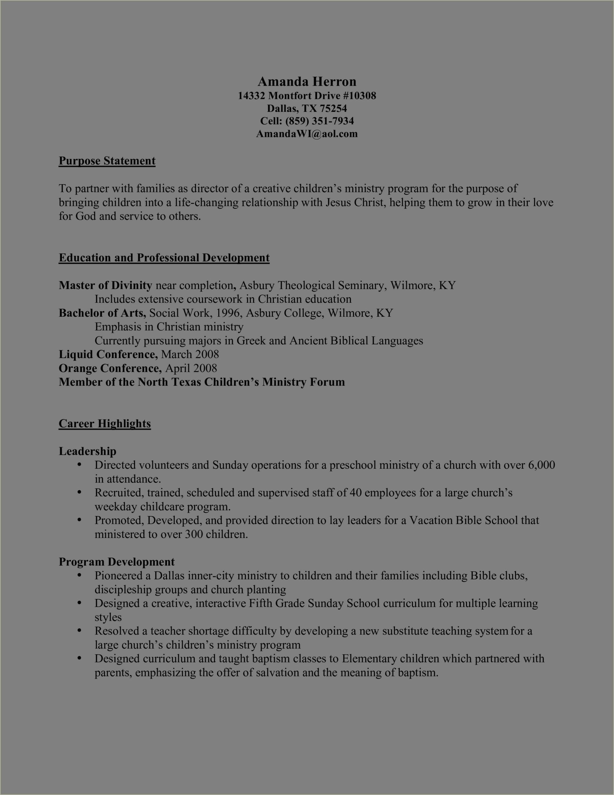 Resume For Teacher At Christian School