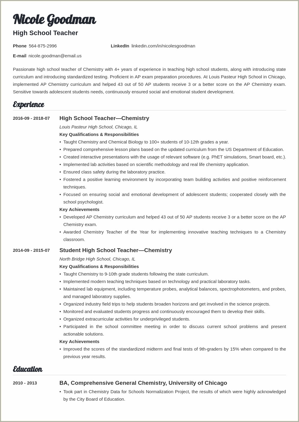 Resume For Teacher In Dav School