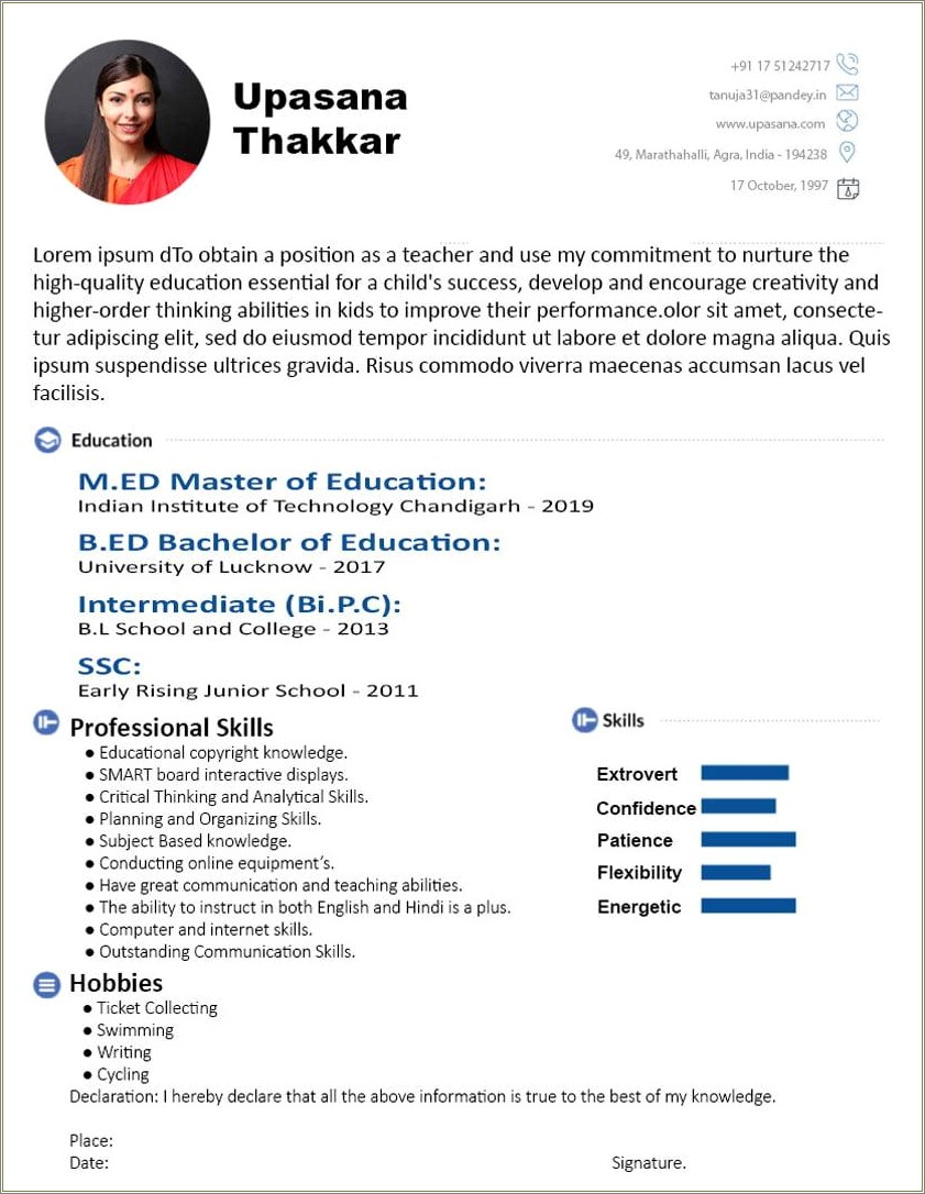 Resume For Teaching Job Fresher In India