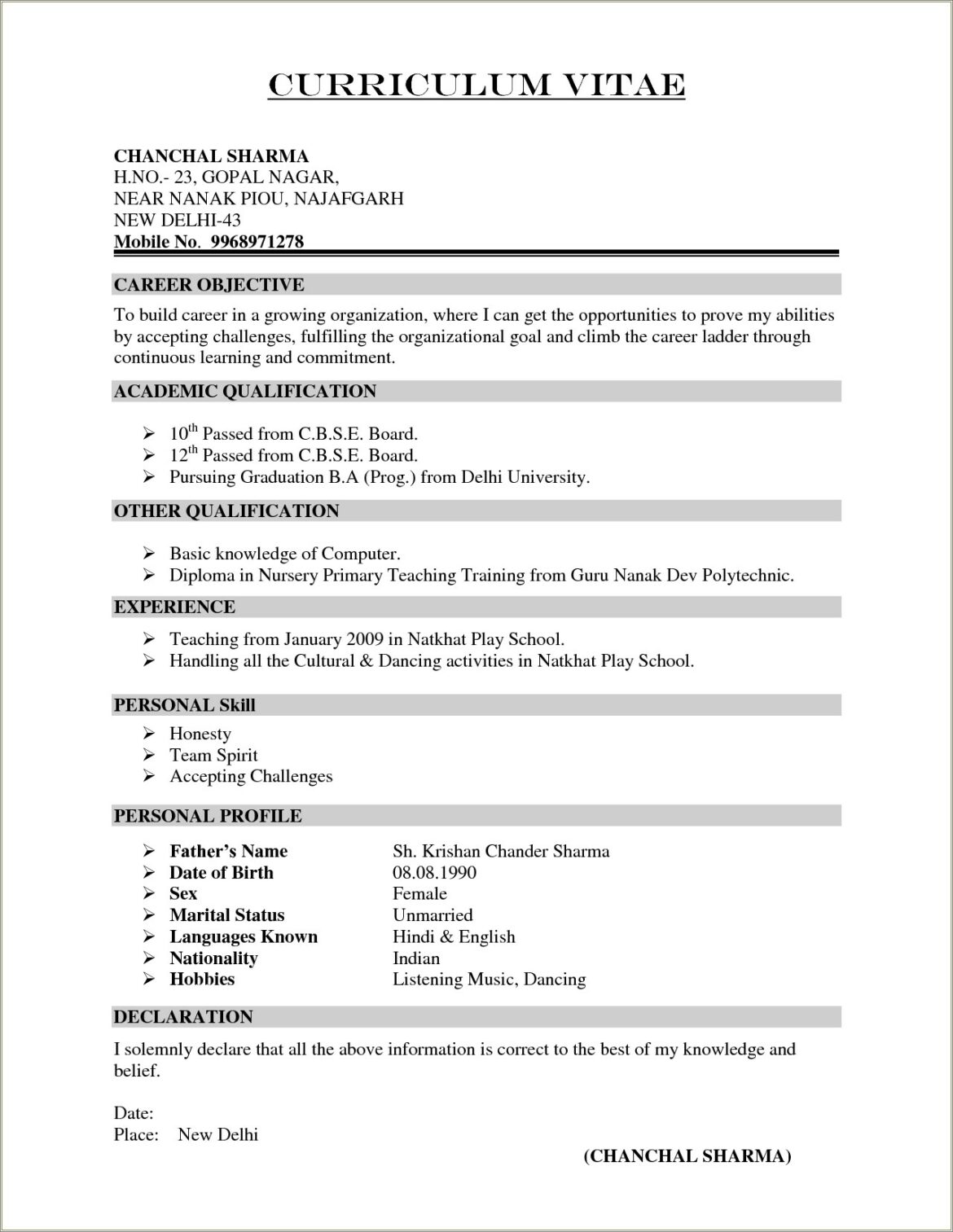 Resume For Teaching Job In School In India