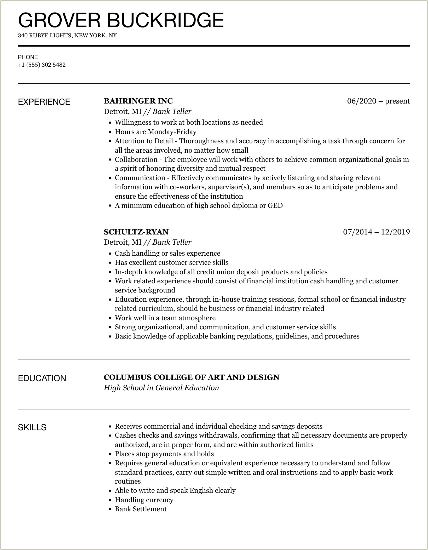 Resume For Teller Position No Experience