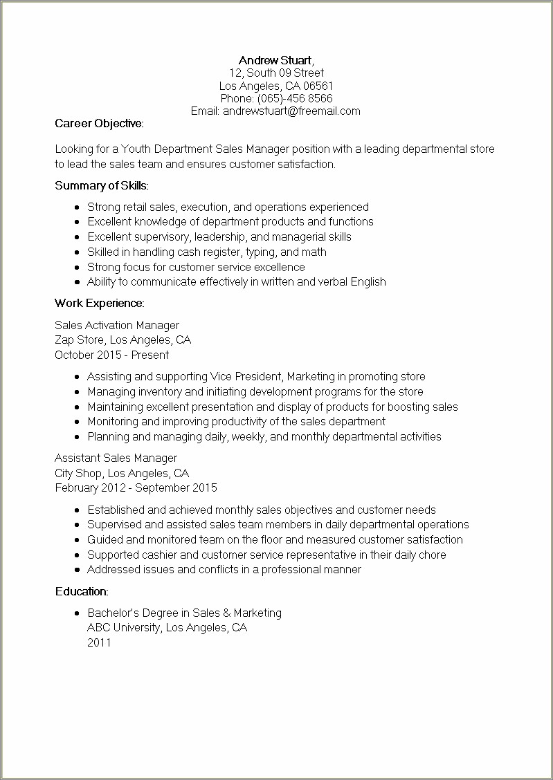 Resume For The Post Of Assistant Sales Manager